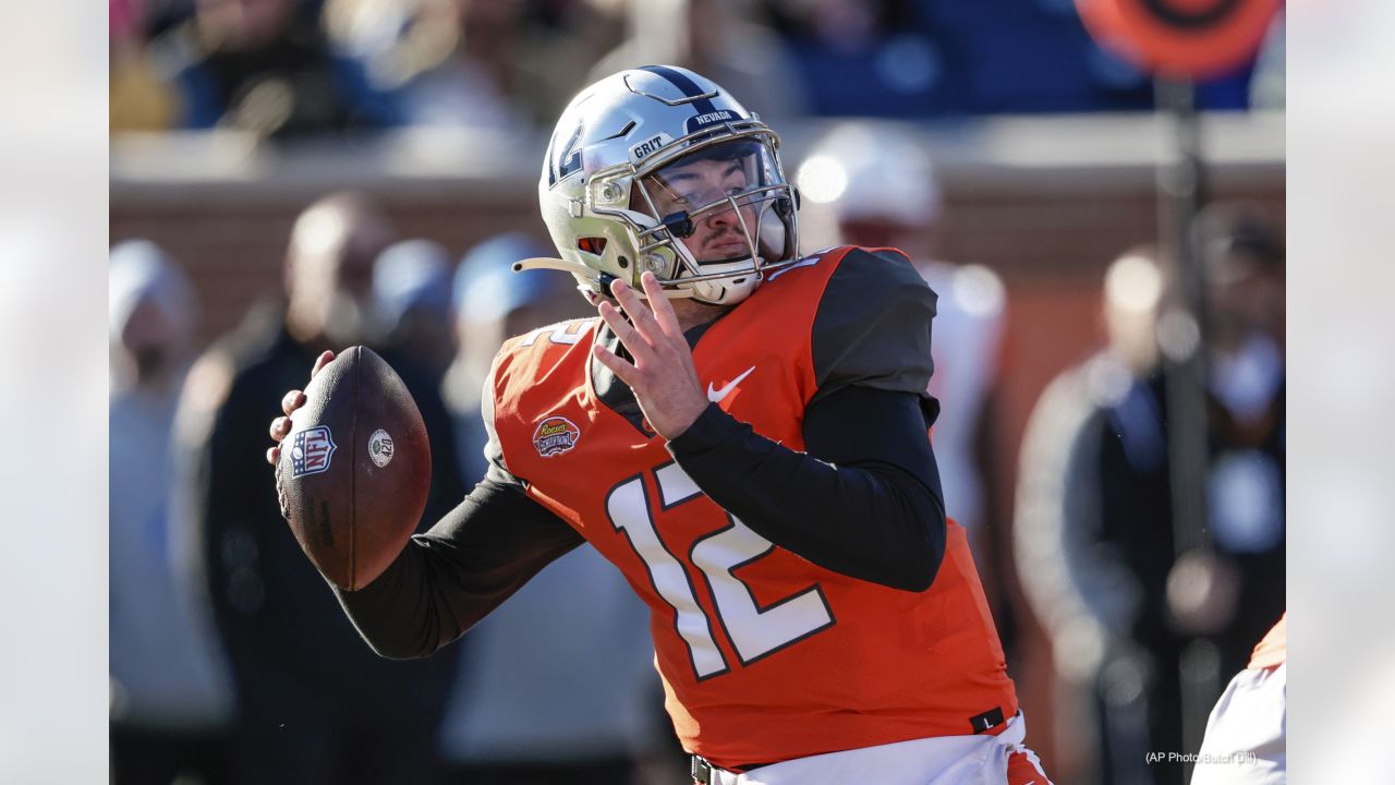 National Team wide receiver Christian Watson of North Dakota State (1) runs  through drills during practice for the Senior Bowl NCAA college football  game Thursday, Feb. 3, 2022, in Mobile, Ala. (AP