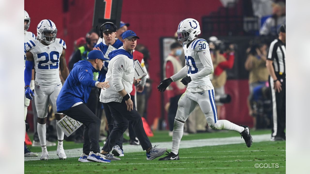 Indianapolis Colts safety George Odum (30) drops into coverage during an  NFL football game against the Tampa Bay Buccaneers, Sunday, Nov. 28, 2021,  in Indianapolis. (AP Photo/Zach Bolinger Stock Photo - Alamy