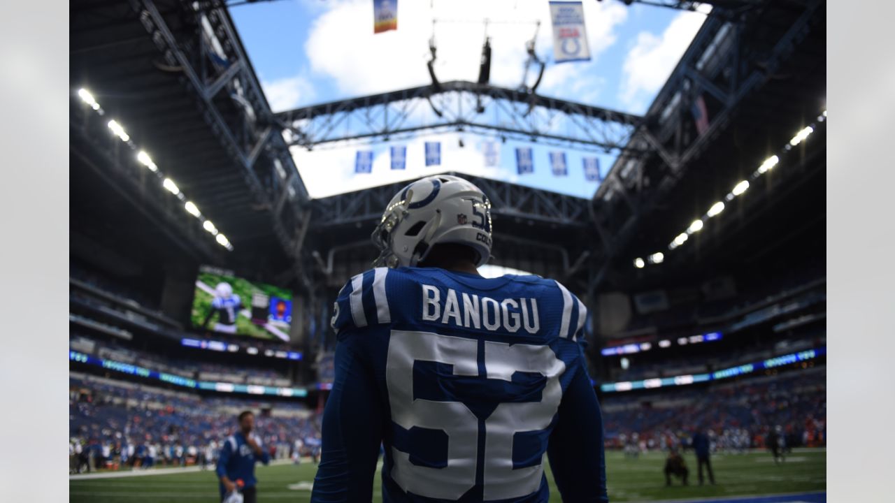 INDIANAPOLIS, IN - NOVEMBER 20: Indianapolis Colts Defensive End Ben Banogu  (52) looks on as Indiana