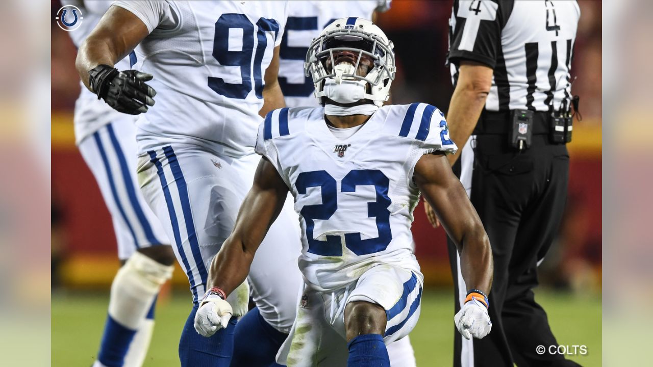 INDIANAPOLIS, IN - SEPTEMBER 25: Indianapolis Colts Cornerback Kenny Moore  (23) runs and jumps during team introductions prior to and NFL game between  the Kansas City Chiefs and the Indianapolis Colts on