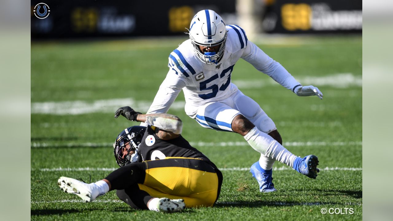 Indianapolis Colts linebacker Darius Leonard (53) celebrates a defensive  stop during an NFL football game against the New England Patriots,  Saturday, Dec. 18, 2021, in Indianapolis. (AP Photo/Zach Bolinger Stock  Photo - Alamy