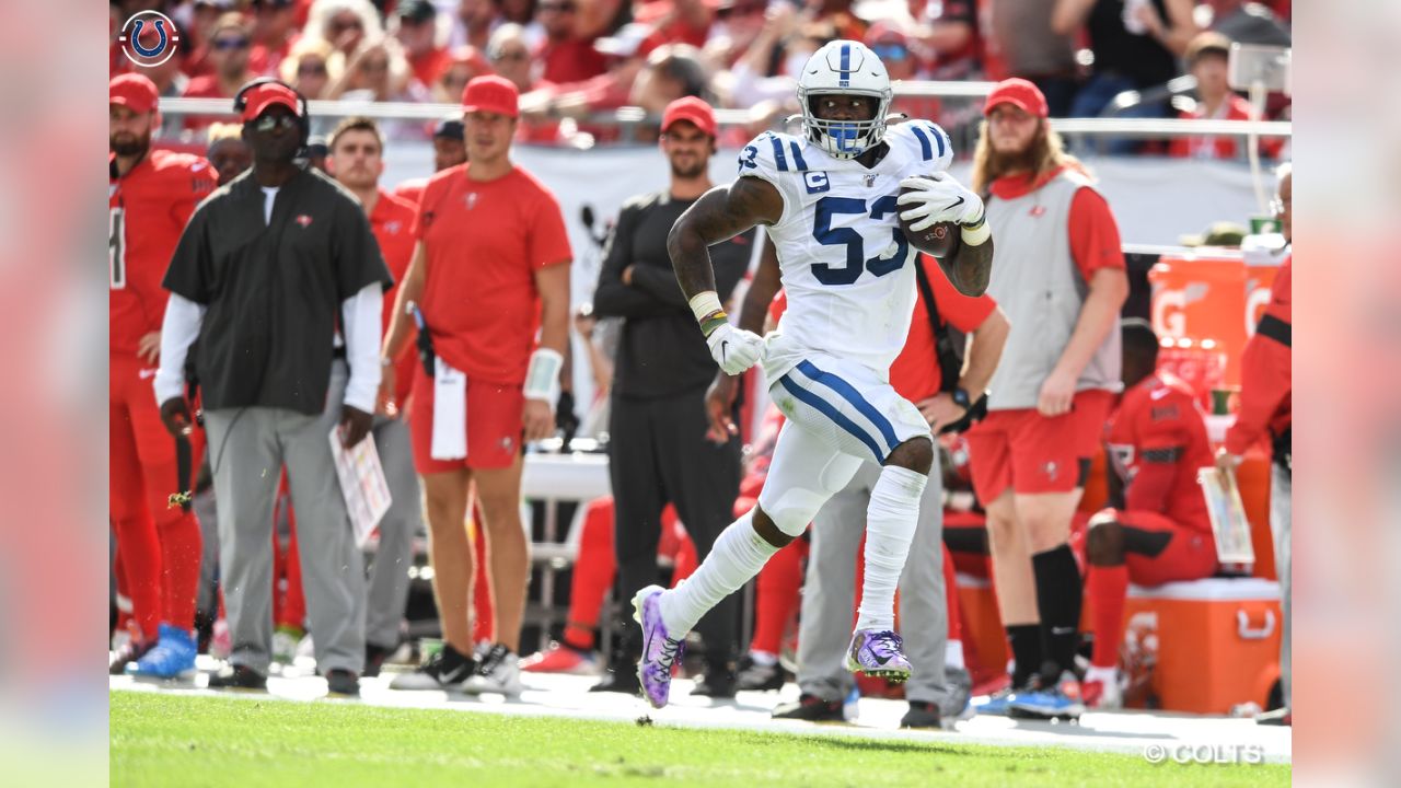 Indianapolis Colts linebacker Darius Leonard (53) celebrates a defensive  stop during an NFL football game against the New England Patriots,  Saturday, Dec. 18, 2021, in Indianapolis. (AP Photo/Zach Bolinger Stock  Photo - Alamy