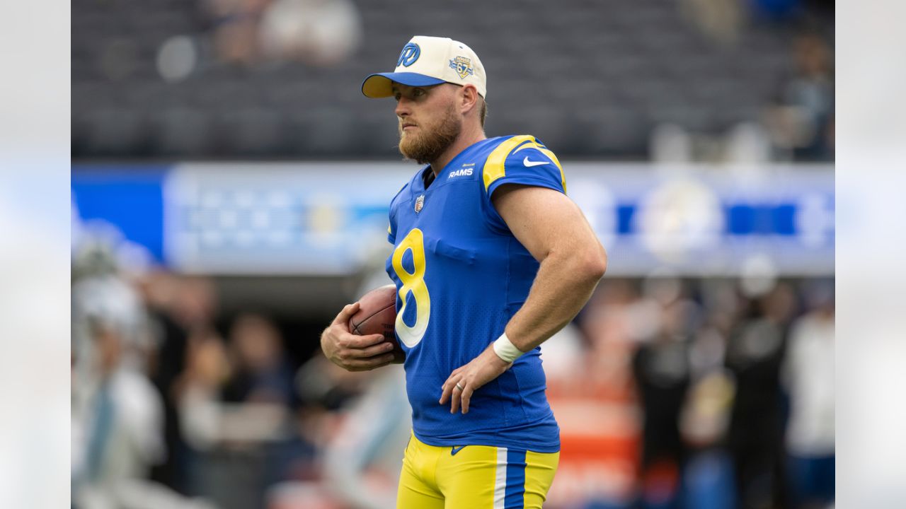 Los Angeles Rams place kicker Matt Gay (8) looks on before an NFL