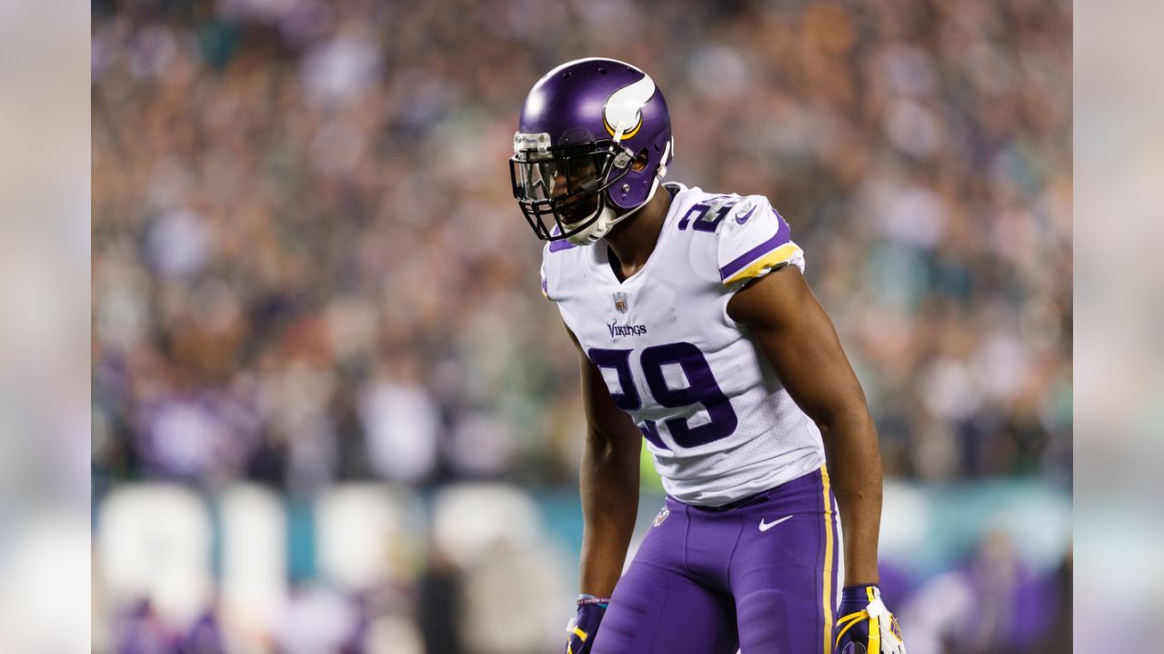 FILE - In this Oct. 24, 2019, file photo, Minnesota Vikings cornerback  Xavier Rhodes (29) breaks up a pass intended for Washington Redskins wide  receiver Terry McLaurin (17) during the first half