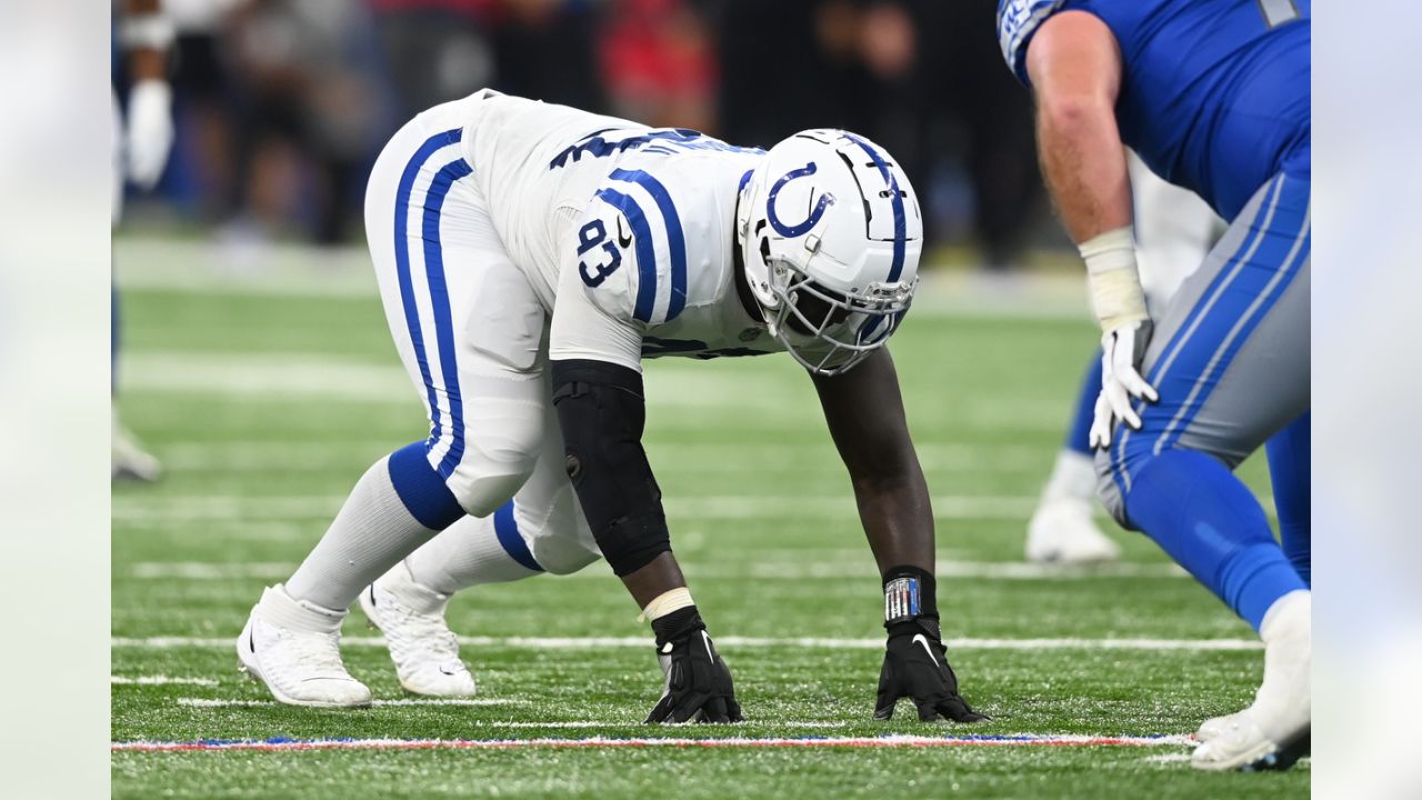 INDIANAPOLIS, IN - NOVEMBER 20: Indianapolis Colts Defensive Tackle Eric  Johnson (93) reacts after r