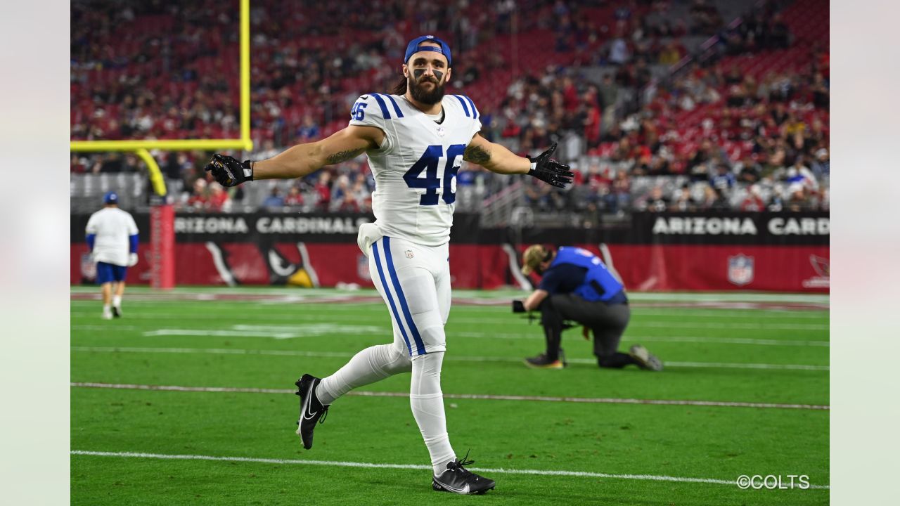 AFC long snapper Luke Rhodes of the Indianapolis Colts (46) looks out  during the singing of the national anthem before the Pro Bowl NFL football  game, Sunday, Feb. 6, 2022, in Las