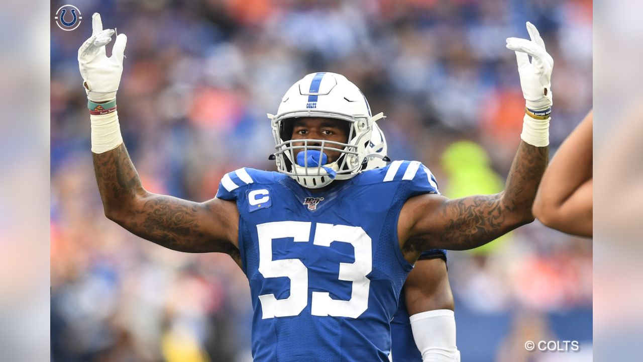 Indianapolis Colts linebacker Darius Leonard (53) celebrates after a  turnover during an NFL football game against the Houston Texans, Sunday,  Oct. 17, 2021, in Indianapolis. (AP Photo/Zach Bolinger Stock Photo - Alamy