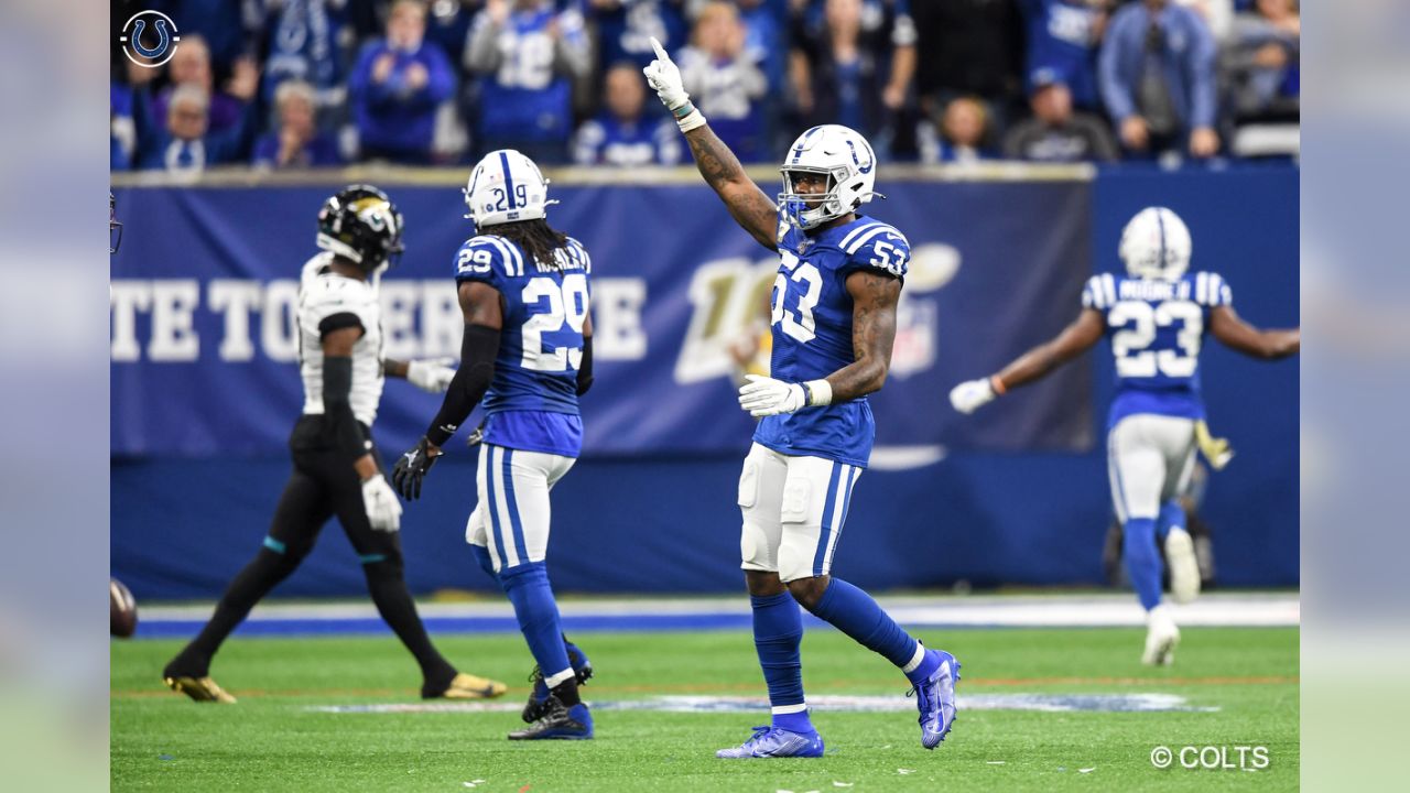 Indianapolis Colts linebacker Darius Leonard (53) celebrates after a  turnover during an NFL football game against the Houston Texans, Sunday,  Oct. 17, 2021, in Indianapolis. (AP Photo/Zach Bolinger Stock Photo - Alamy