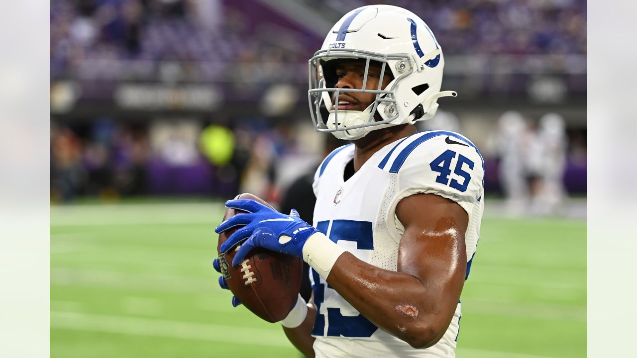 E.J. Speed of the Indianapolis Colts runs during an NFL game between in  2023