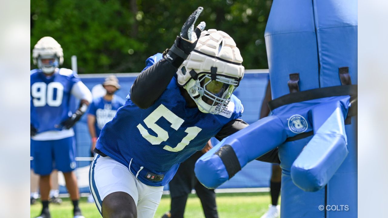 FILE - Indianapolis Colts running back D'Vonte Price (27) runs a drill  during practice at the NFL team's football training camp in Westfield,  Ind., Tuesday, Aug. 2, 2022. Guardian Caps, the mushroom-like