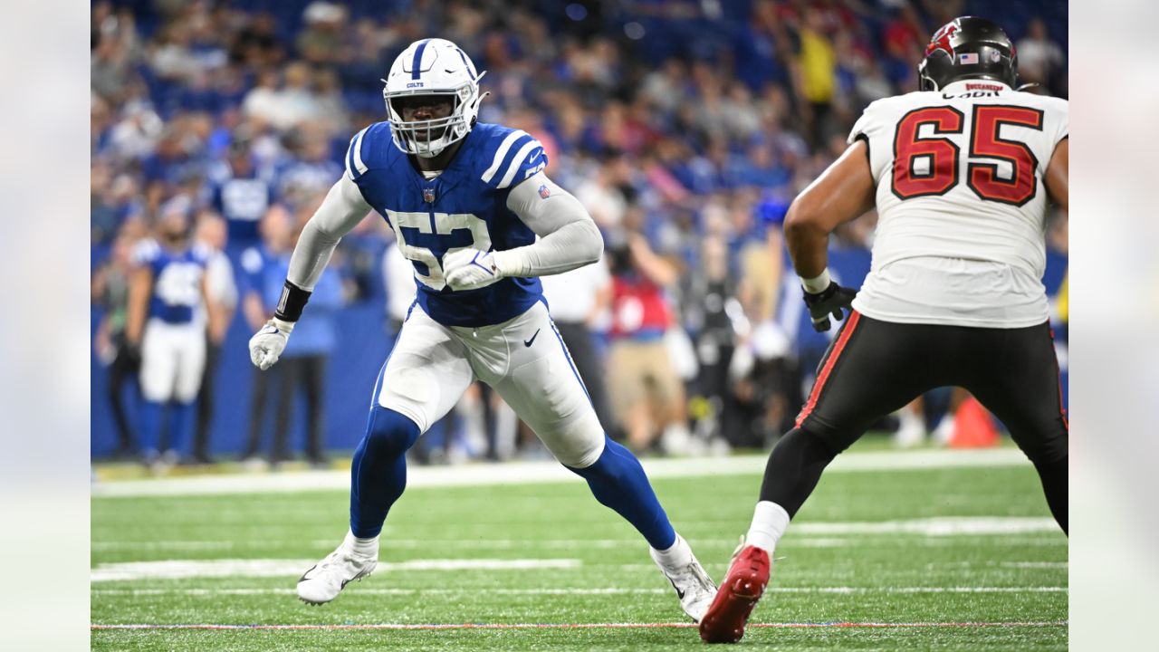 INDIANAPOLIS, IN - NOVEMBER 20: Indianapolis Colts Defensive End Ben Banogu  (52) looks on as Indiana