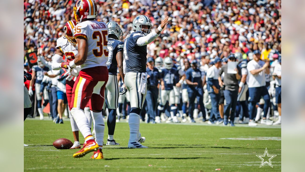 IRVINE, CALIFORNIA - SEPTEMBER 6, 2019: Football helmets of the Dallas  Cowboys vs Washington Redskins, Week 2 opponents in the NFL 2019 Season  Stock Photo