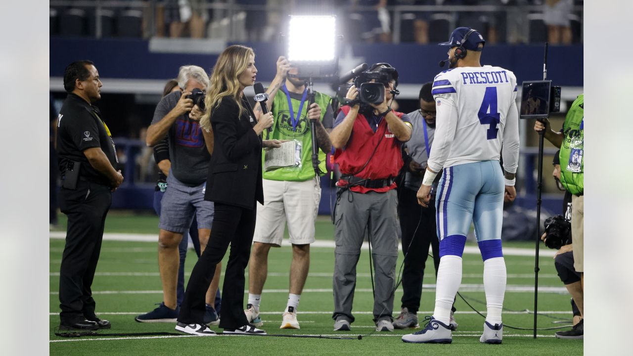 Dallas Cowboys quarterback Dak Prescott stands in the end zone before the  start of an NFL football game against the New York Giants in Arlington,  Texas, Sunday, Oct. 10, 2021. (AP Photo/Roger