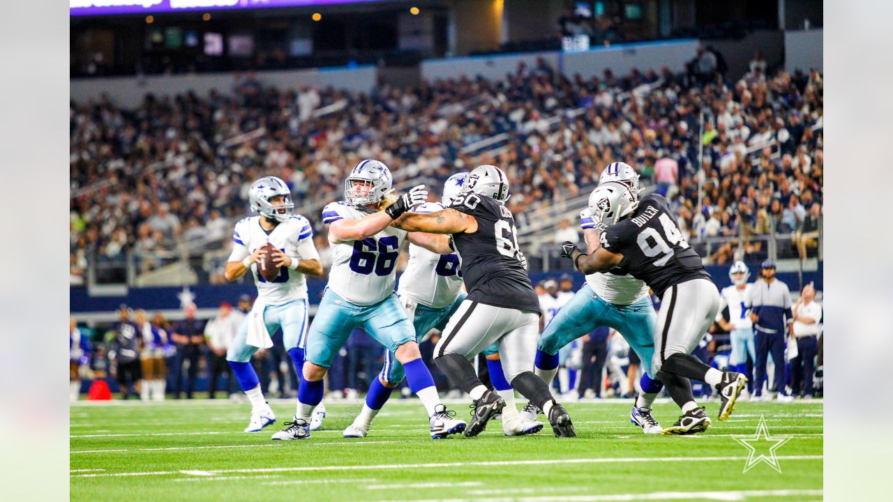 Dallas Cowboys offensive tackle Matt Waletzko blocks during the first half  of a preseason NFL football game against the Las Vegas Raiders in  Arlington, Texas, Saturday, Aug. 26, 2023. (AP Photo/Sam Hodde