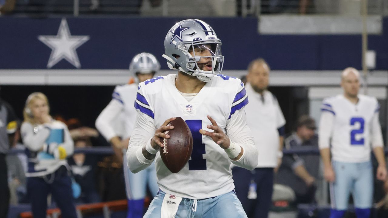 Dallas Cowboys quarterback Dak Prescott (4) looks to pass during a  Thanksgiving day NFL football game against the Las Vegas Raiders, Thursday,  Nov. 25, 2021, in Arlington, Texas. (AP Photo/Matt Patterson Stock