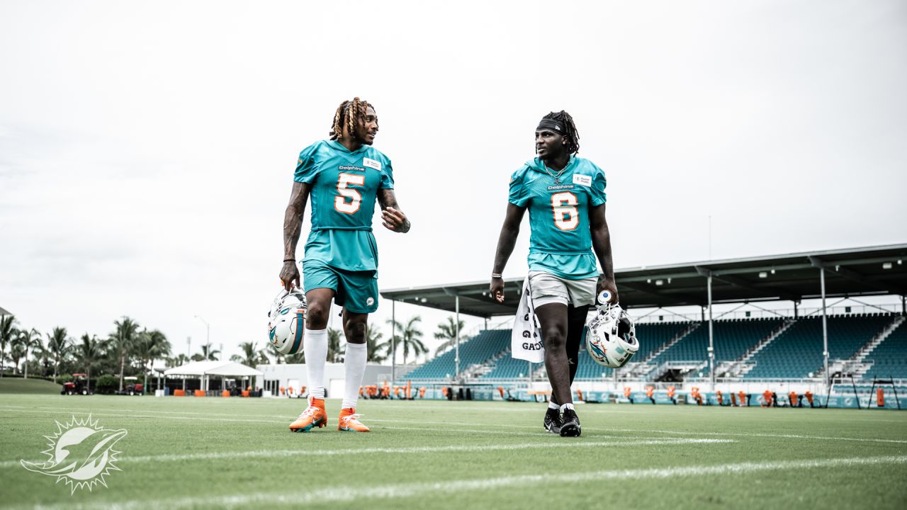 Fans walk past the Miami Dolphins Team Store during training camp