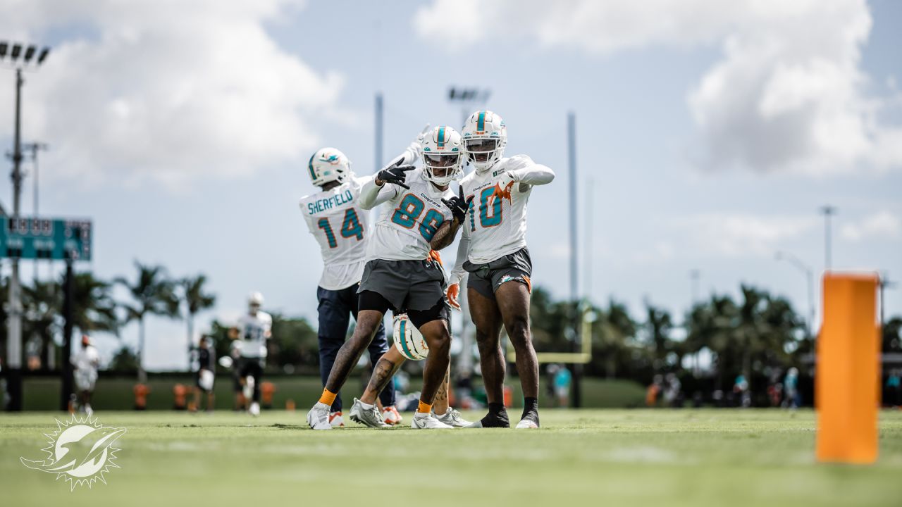 Miami Dolphins wide receiver Tyreek Hill (10) looks on during NFL football training  camp at Baptist Health Training Complex in Hard Rock Stadium on Thursday,  Sept. 1, 2022 in Miami Gardens, Fla. (