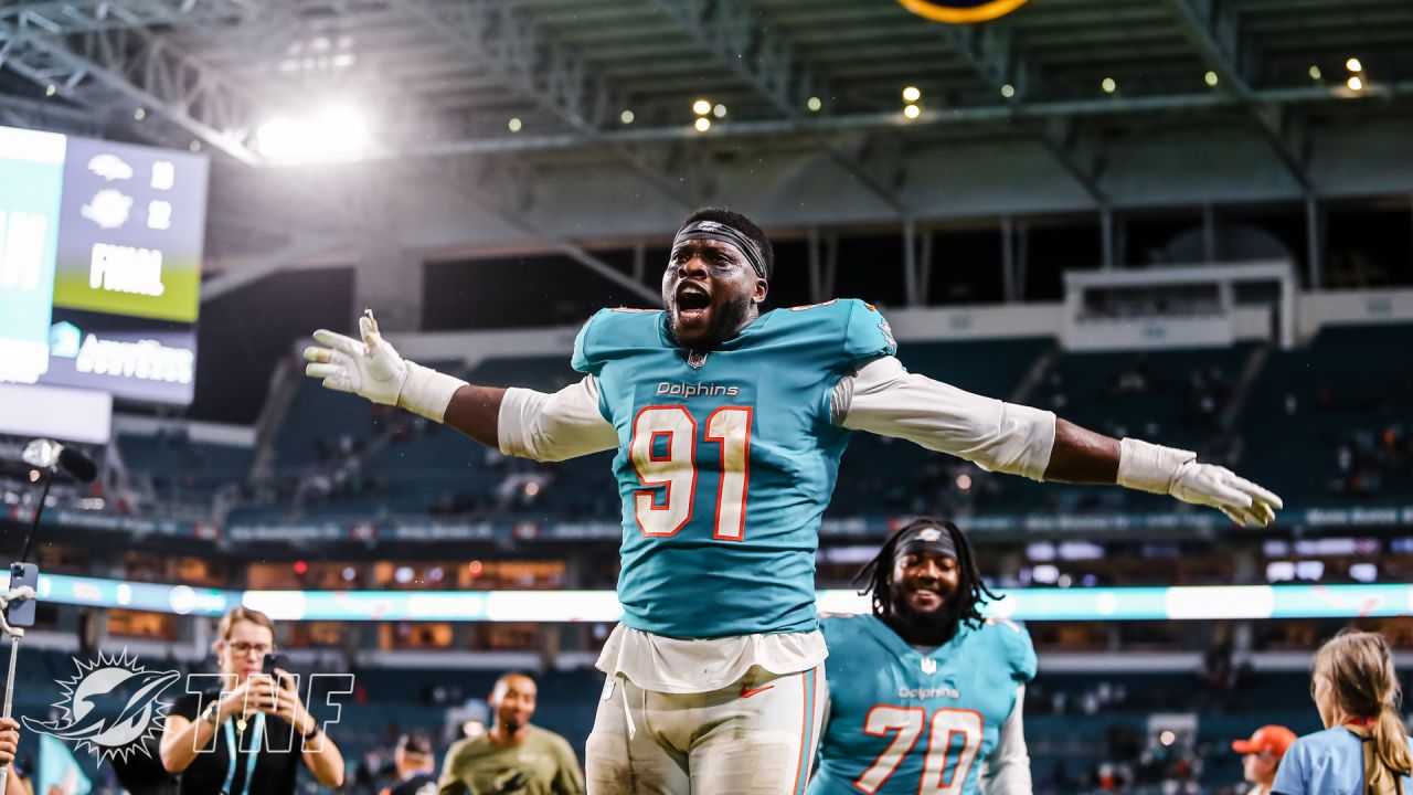 Miami Dolphins quarterback Tua Tagovailoa (1) celebrates with Miami Dolphins  wide receiver Isaiah Ford (84) after a play against the New York Jets  during an NFL football game, Sunday, Oct. 18, 2020