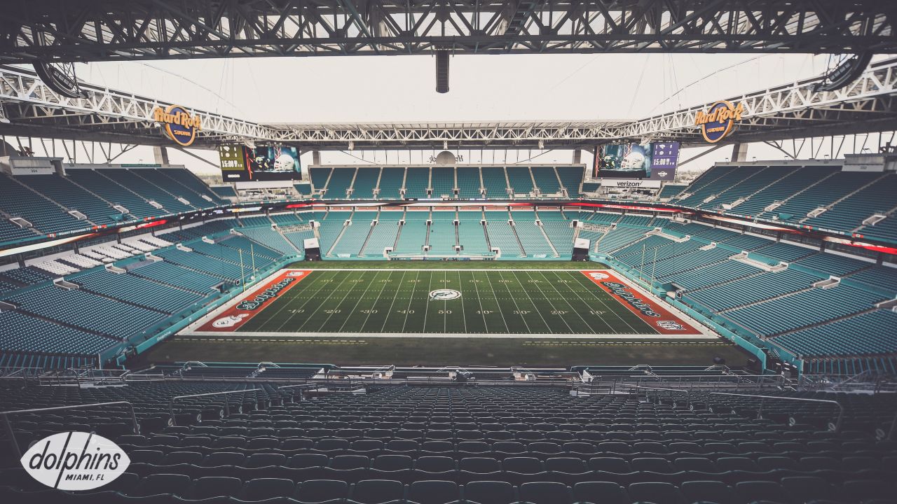 Hard Rock Stadium with the Miami Dolphins throwback logo painted in the end  zone before an NFL football game against the Pittsburgh Steelers, Sunday,  Oct. 23, 2022, in Miami Gardens, Fla. (AP