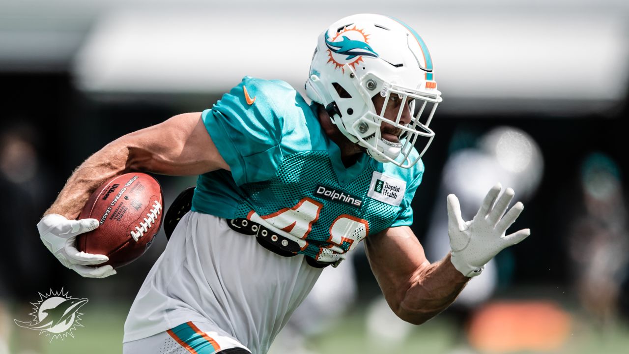 Miami Dolphins defensive back Clayton Fejedelem (42) runs the ball