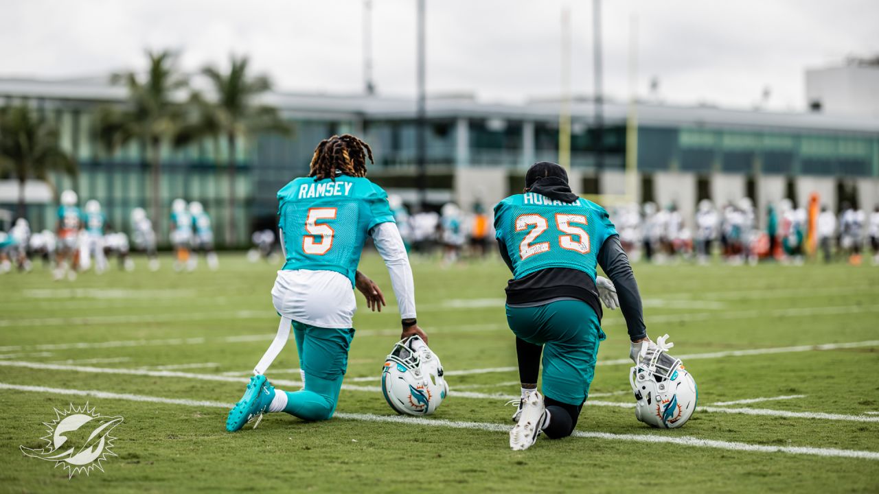 Miami Dolphins cornerback Xavien Howard (25) and cornerback Ethan Bonner  (38) do drills during practice at