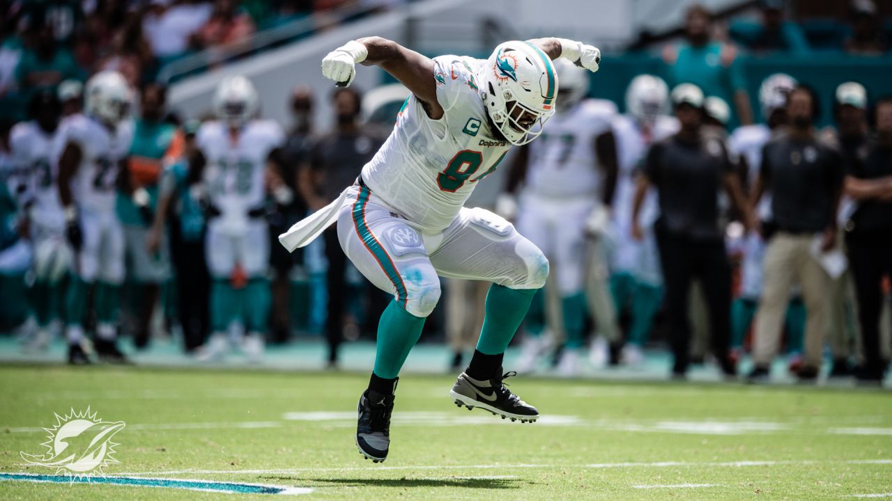 Miami Dolphins defensive end Emmanuel Ogbah (91) runs off the field  following an NFL football game against the New England Patriots, Sunday,  Sept. 12, 2021, in Foxborough, Mass. (AP Photo/Stew Milne Stock