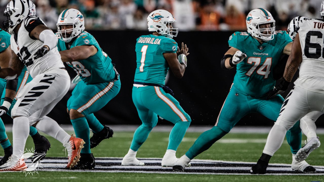 Miami Dolphins vs. Cincinnati Bengals. NFL Game. American Football League  match. Silhouette of professional player celebrate touch down. Screen in  bac Stock Photo - Alamy