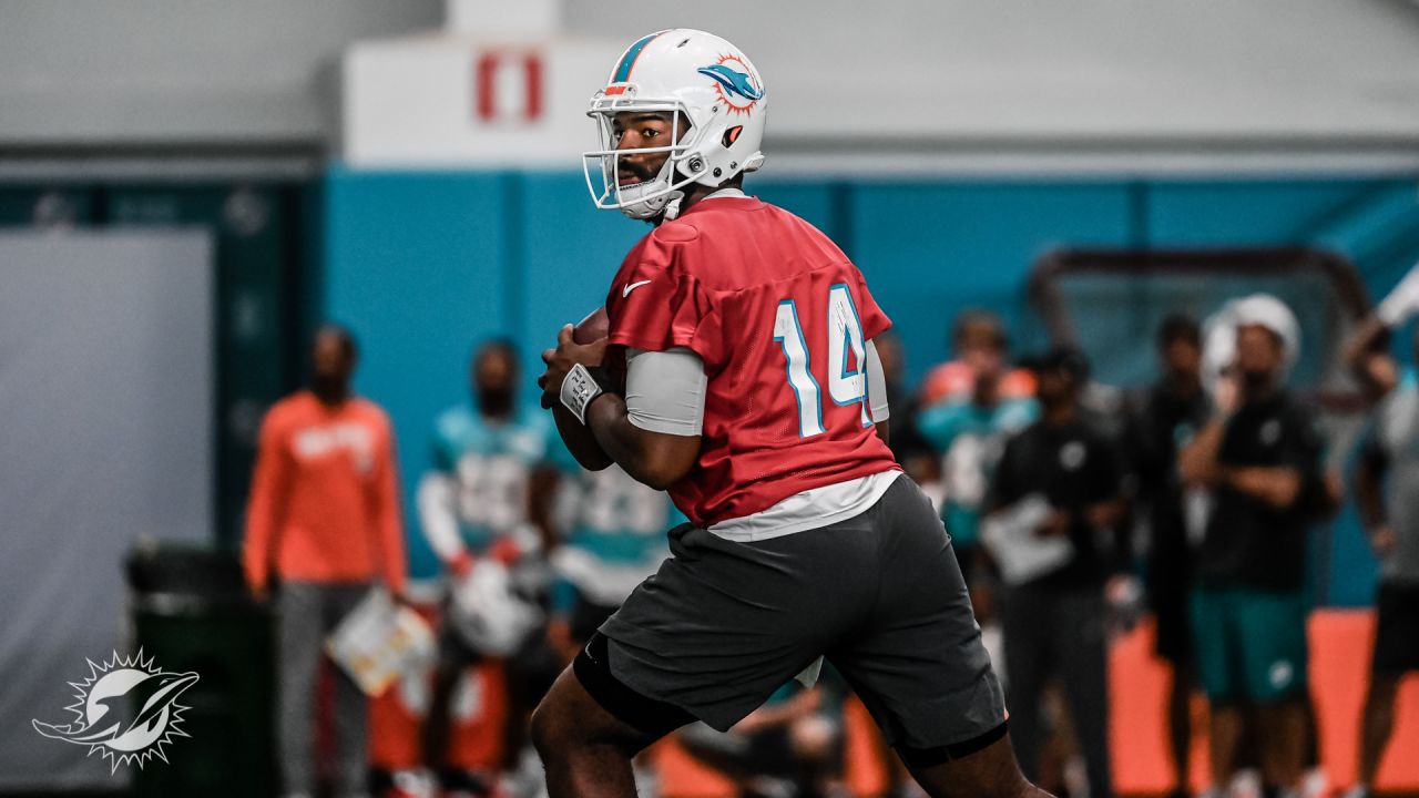 Miami Dolphins quarterbacks Jacoby Brissett (14) passes during an NFL  football practice at Baptist Health Training Complex in Hard Rock Stadium  on Wednesday, Oct. 6, 2021, in Miami Gardens, Fla. The Dolphins