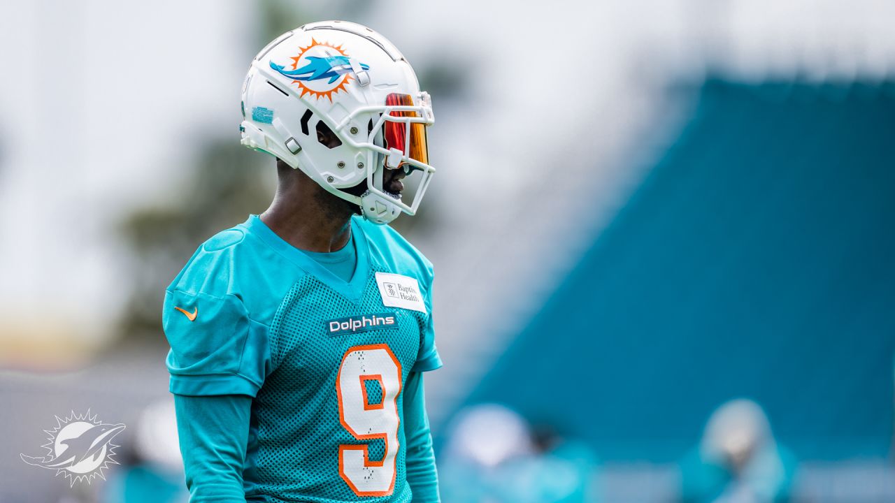 Miami Dolphins cornerback Noah Igbinoghene (9) does drills during