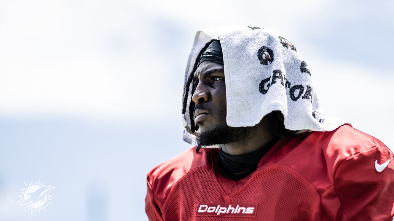 Miami Dolphins cornerback Trill Williams (6) wears a Crucial Catch shirt as  he warms up on the field before the start of an NFL football game against  the Atlanta Falcons, Sunday Oct