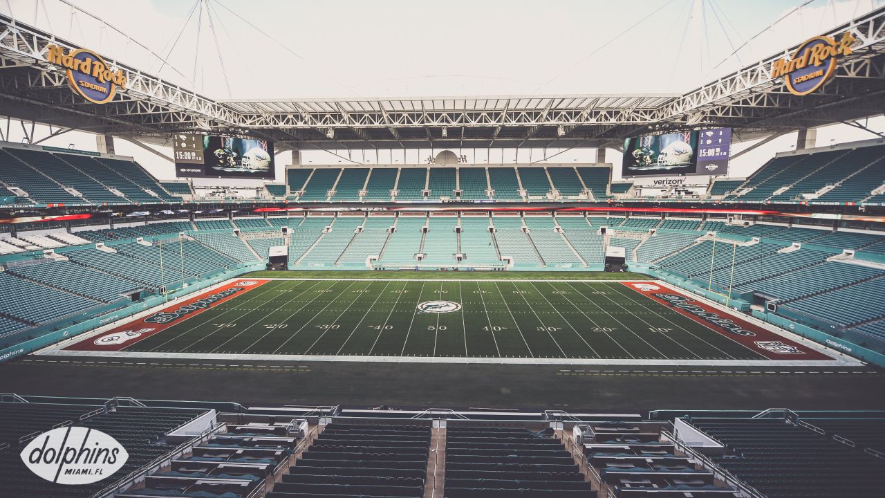 Hard Rock Stadium with the Miami Dolphins throwback logo painted in the end  zone before an NFL football game against the Pittsburgh Steelers, Sunday,  Oct. 23, 2022, in Miami Gardens, Fla. (AP