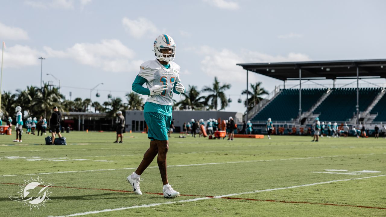 Miami Dolphins linebacker Cameron Goode (53) runs with the football against  teammate defensive end Big Kat Bryant (56) during NFL football training  camp at Baptist Health Training Complex in Hard Rock Stadium