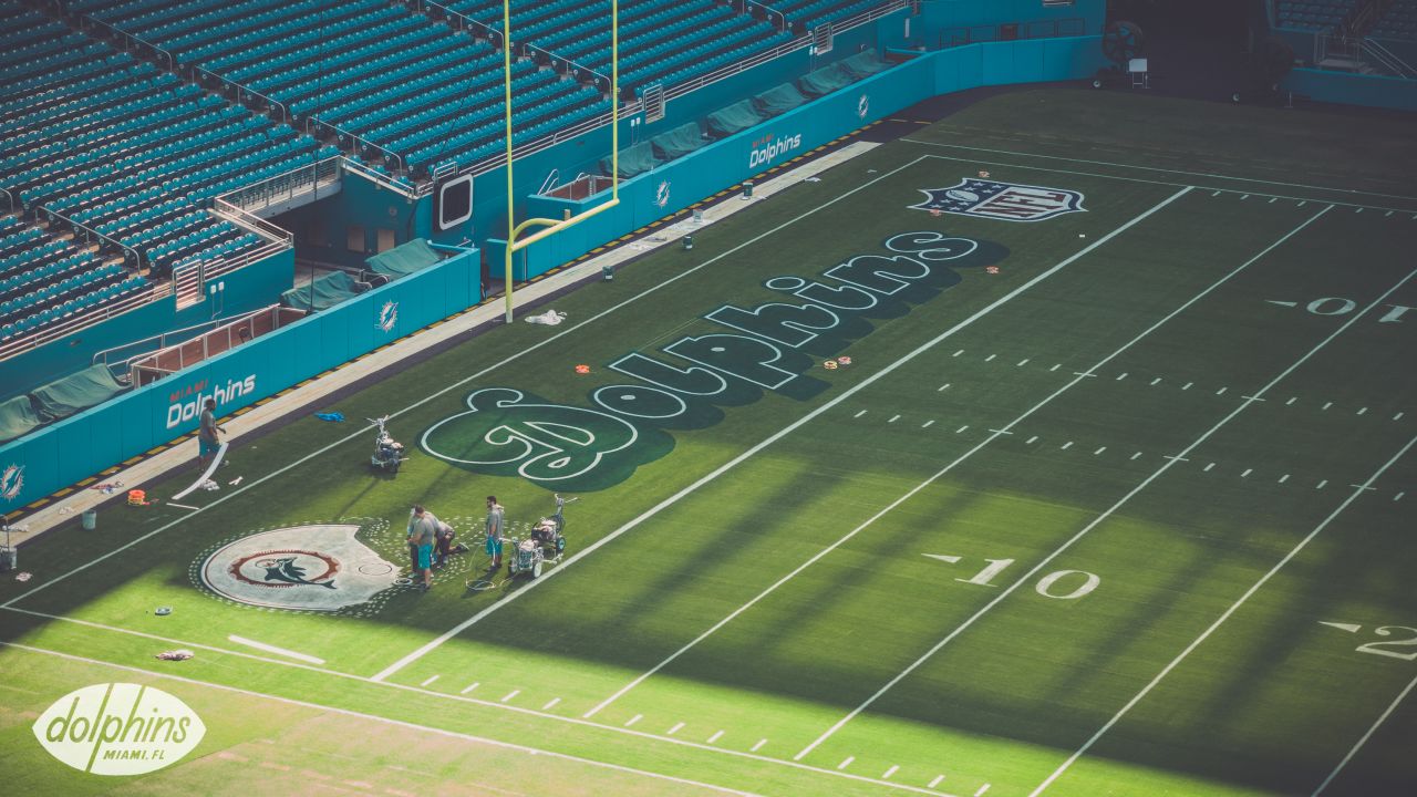 Hard Rock Stadium with the Miami Dolphins throwback logo painted in the end  zone before an NFL football game against the Pittsburgh Steelers, Sunday,  Oct. 23, 2022, in Miami Gardens, Fla. (AP