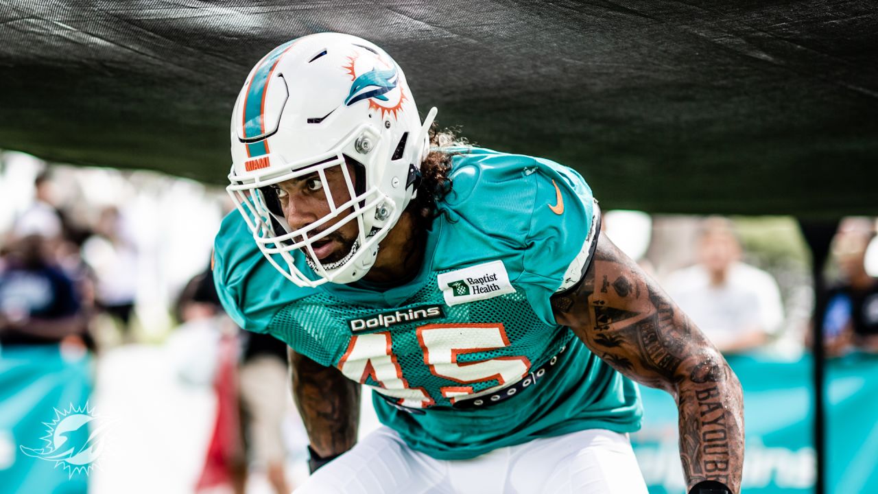 Miami Dolphins linebacker Duke Riley (45) warms up before an NFL