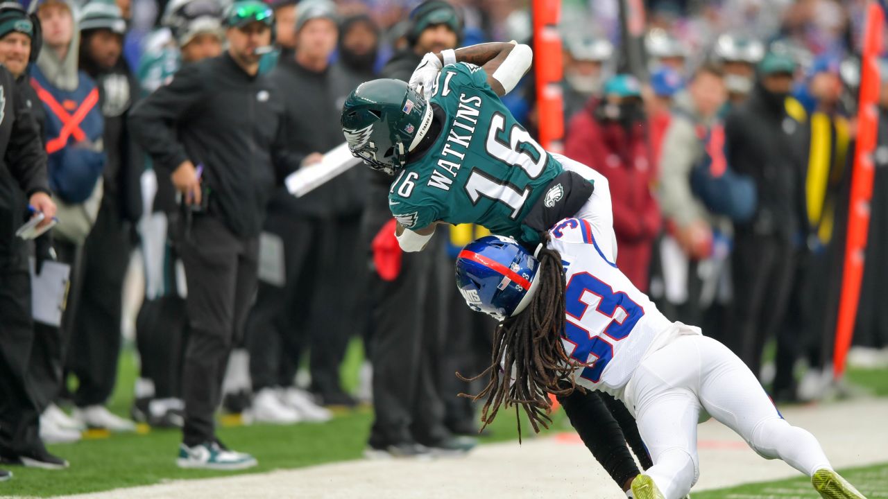 New York Giants safety Julian Love (20) runs up the field during an NFL  football game against the Philadelphia Eagles, Sunday, Nov. 28, 2021, in  East Rutherford, N.J. The New York Giants