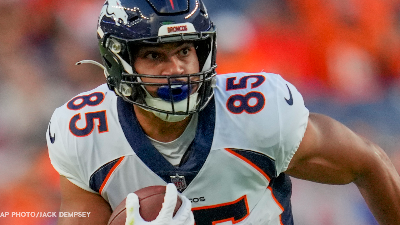 Denver Broncos tight end Albert Okwuegbunam runs against the Los Angeles  Rams during the first half of an NFL preseason football game Saturday, Aug.  26, 2023, in Denver. (AP Photo/Jack Dempsey Stock