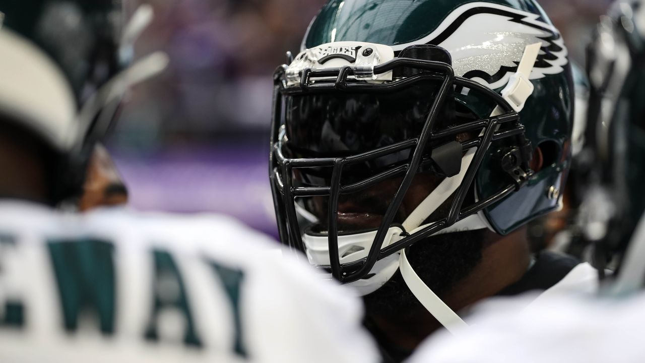 PHILADELPHIA, PA - SEPTEMBER 19: Minnesota Vikings helmet sits on a cart  during the game between the Minnesota Vikings and the Philadelphia Eagles  on September 19, 2022 at Lincoln Financial Field in