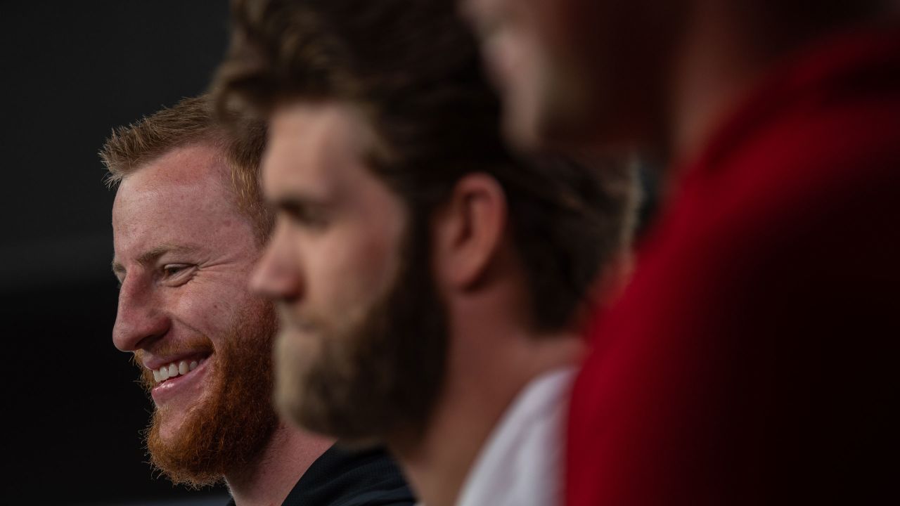 Eagles' Carson Wentz watches Sixers game with Phillies' Bryce Harper, Rhys  Hoskins 