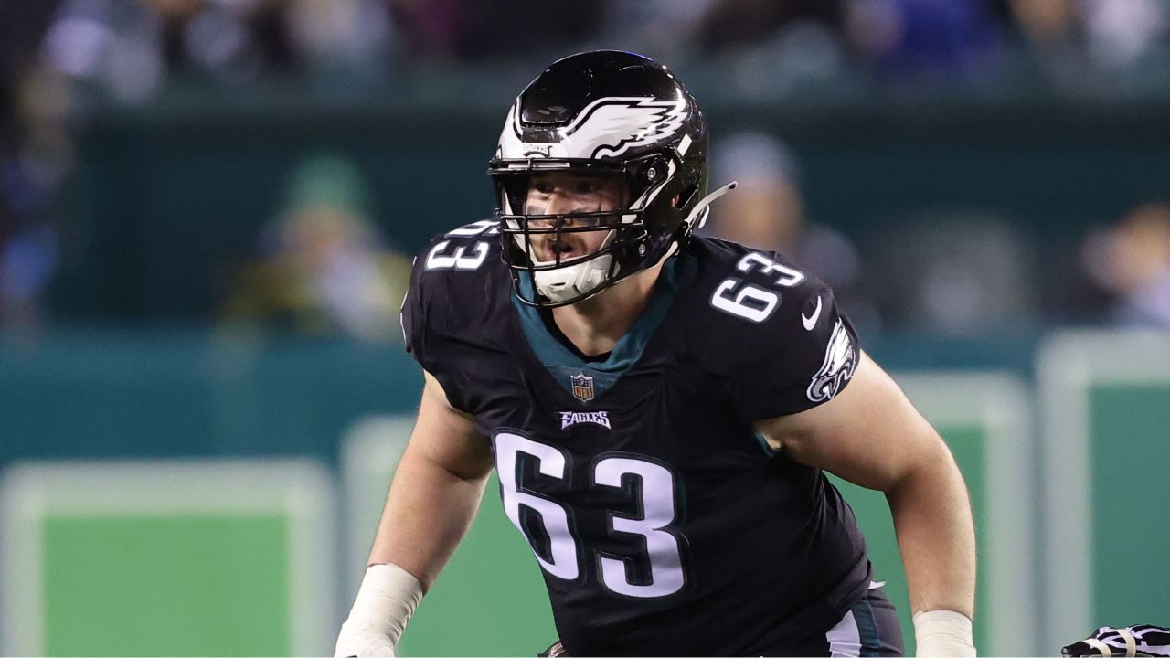 Philadelphia Eagles offensive tackle Lane Johnson (65) and running back  Miles Sanders (26) in action during the NFC Championship NFL football game  on Sunday, Jan. 29, 2023, in Philadelphia. (AP Photo/Matt Rourke