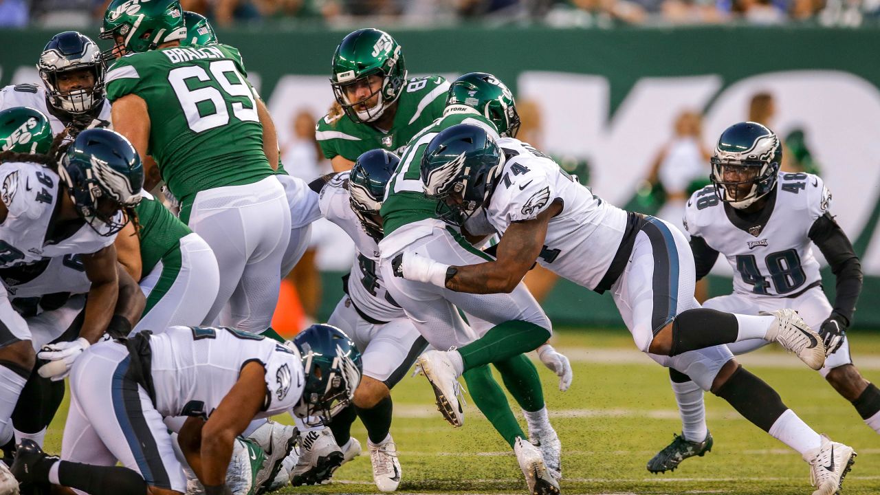 New York Jets linebacker Hamsah Nasirildeen (45) and offensive tackle  Derrick Kelly (62) walk off the field after an NFL pre-season game against  the Philadelphia Eagles, Friday, Aug. 12, 2022, in Philadelphia. (