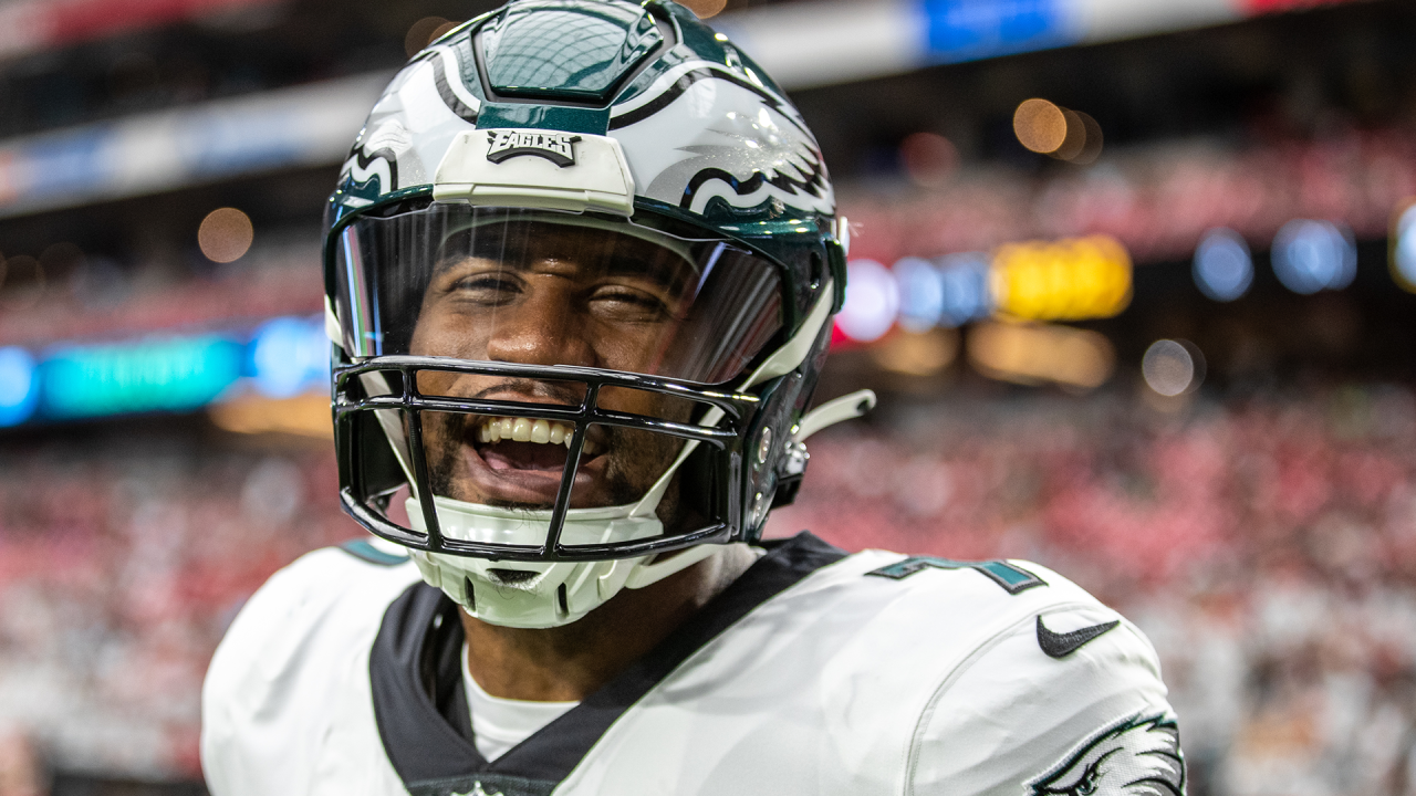 Philadelphia Eagles punter Arryn Siposs (8) and Philadelphia Eagles long  snapper Rick Lovato (45) wear Crucial Catch hats before an NFL football  game against the Arizona Cardinals, Sunday, Oct. 9, 2022, in