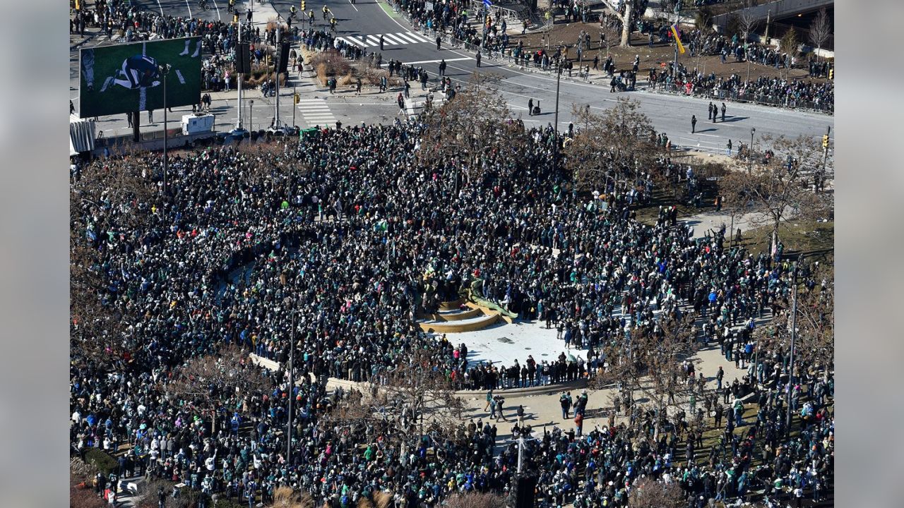 Aerial view of the Philadelphia Eagles Super Bowl Victory Parade above Art  Museum.