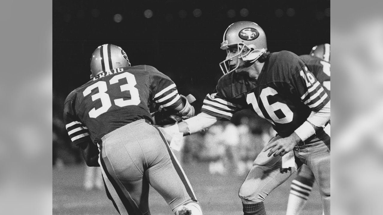 Roger Craig (#33) Joe Montana (#16) and Tom Rathman (#44) 49ers