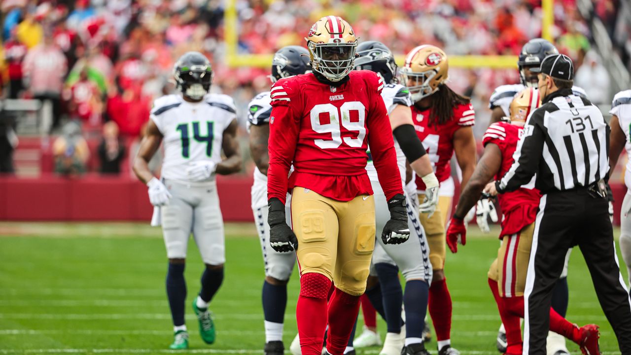 San Francisco 49ers Javon Kinlaw (99) reacts during an NFL