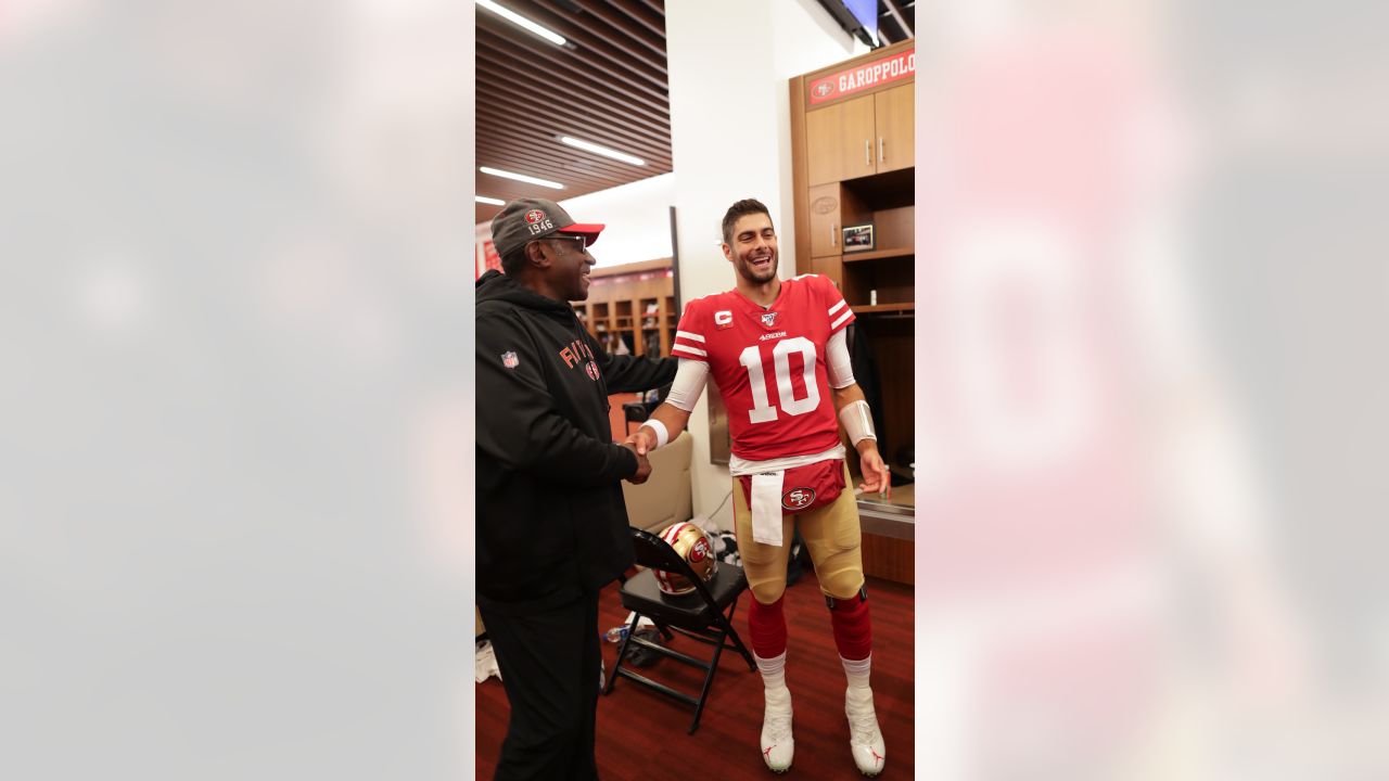 49ers' tight end George Kittle rocks autographed Jimmy Garoppolo shirt to  post-game press conference after win over Packers - ABC7 San Francisco