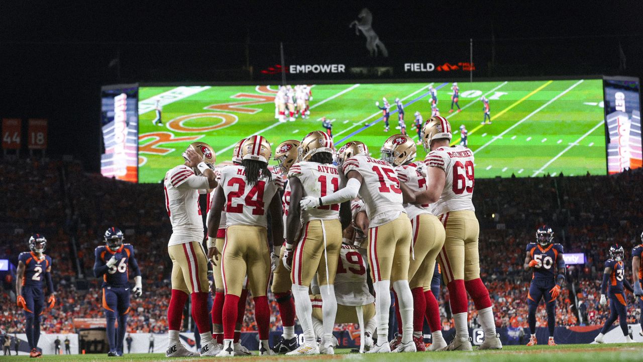 The Sunday Night Football banner hangs at Empower Field at Mile High before  an NFL football game between eh Denver Broncos and the San Francisco 49ers  Sunday, Sept. 25, 2022, in Denver. (