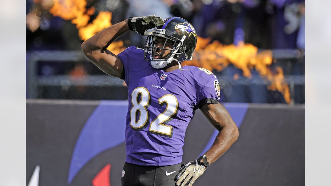 Baltimore Ravens wide receiver Anquan Boldin laughs before the