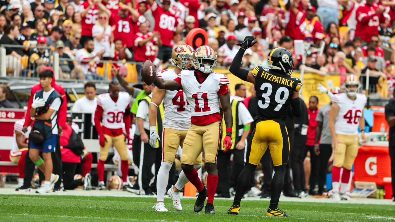 San Francisco 49ers wide receiver Brandon Aiyuk runs against the Los  Angeles Chargers during the first half of a preseason NFL football game  Friday, Aug. 25, 2023, in Santa Clara, Calif. (AP