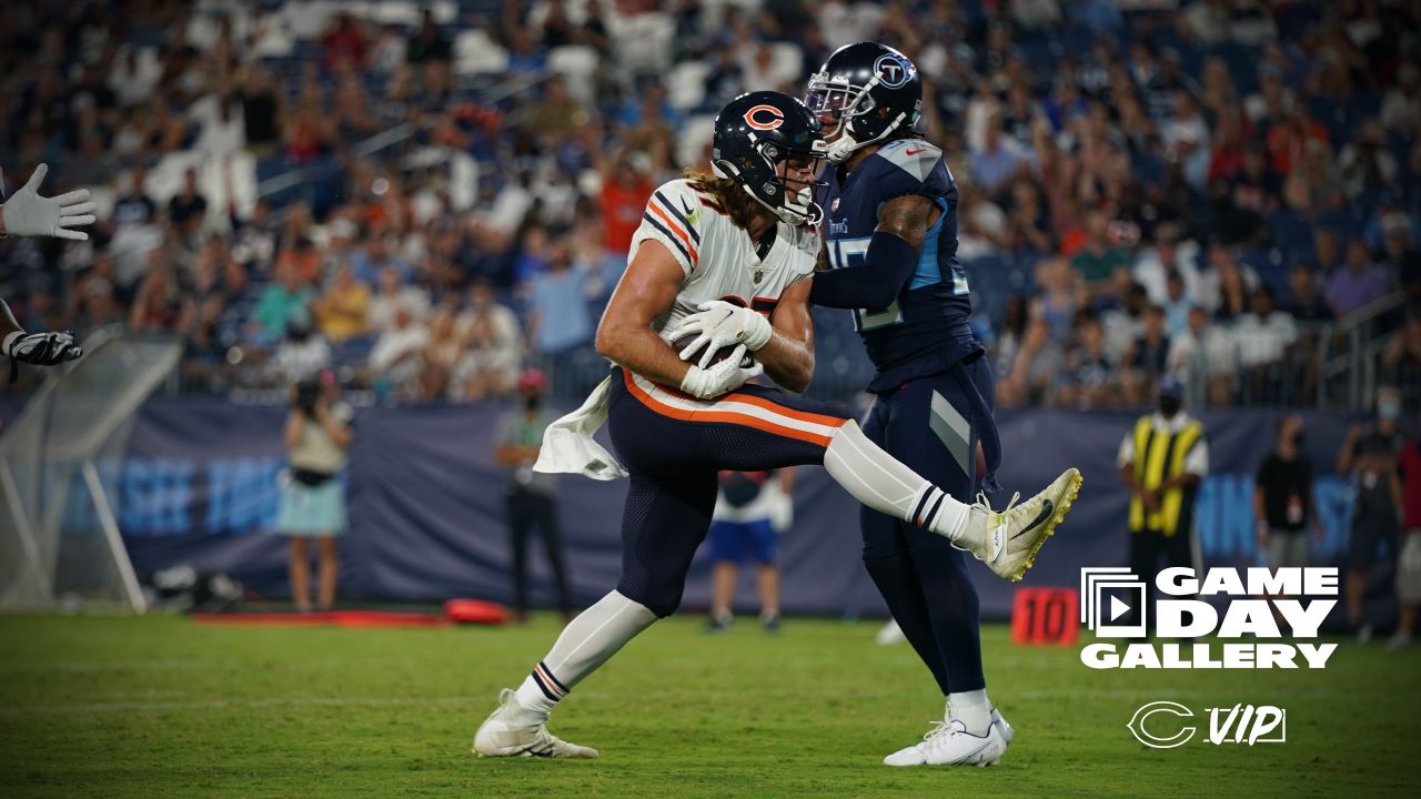 Chicago Bears offensive tackle Aviante Collins (74) blocks against the Tennessee  Titans during the first half of an NFL preseason football game, Saturday,  Aug. 12, 2023, in Chicago. (AP Photo/Kamil Krzaczynski Stock