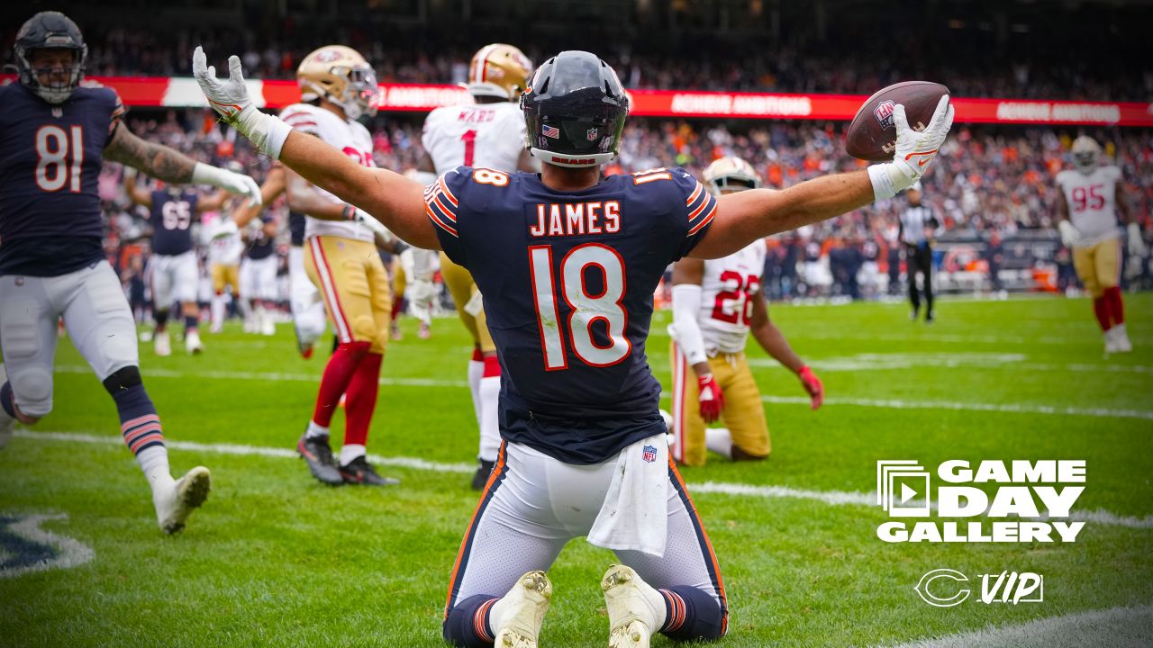 Chicago, United States. 31st Oct, 2021. Chicago Bears Jesse James  celebrates his second quarter touchdown against the San Francisco 49ers at  Soldier Field in Chicago on Sunday, October 31, 2021. Photo by